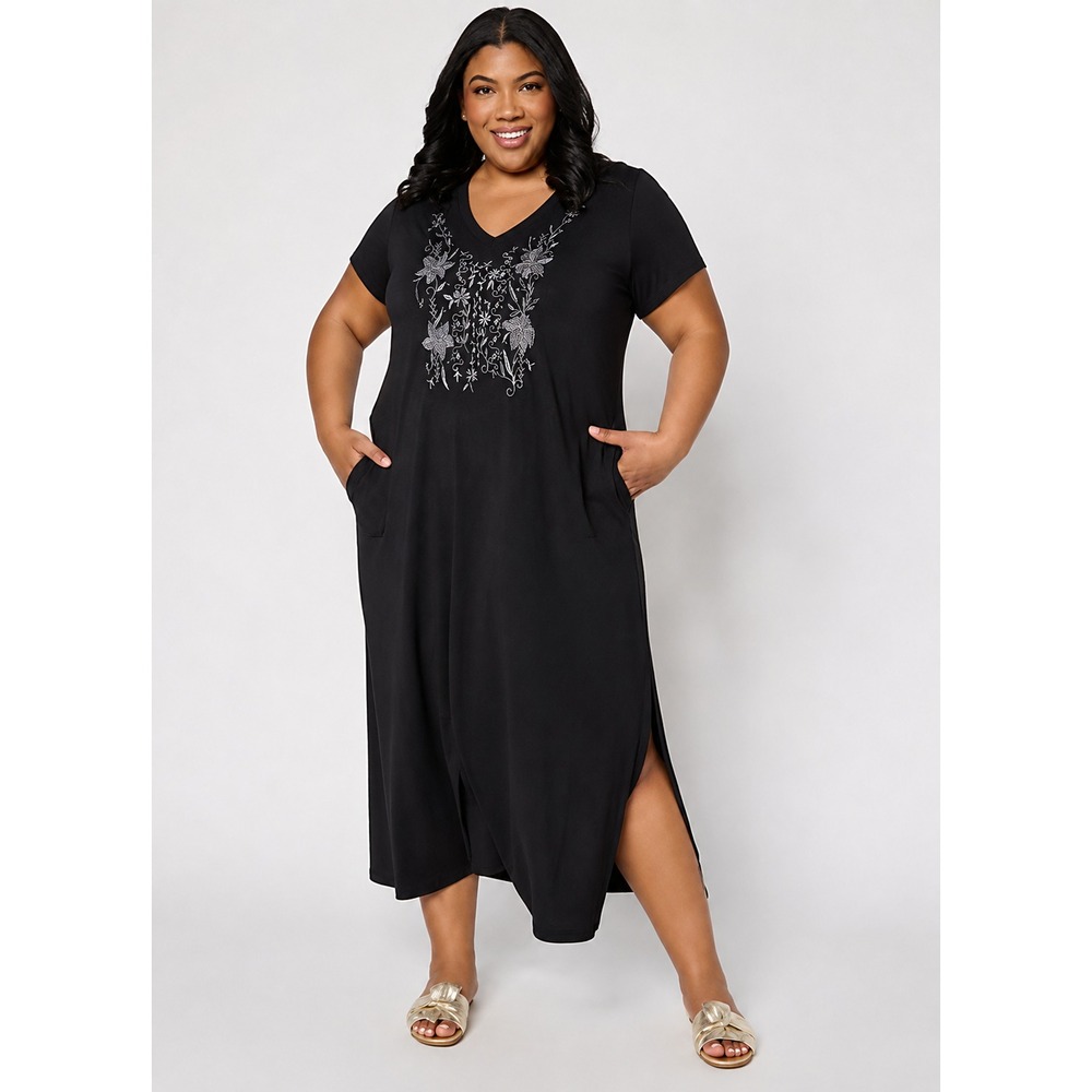 Belle by Kim Gravel Pet Slub KnitBlushing Blms Maxi Dress black, Petite Large